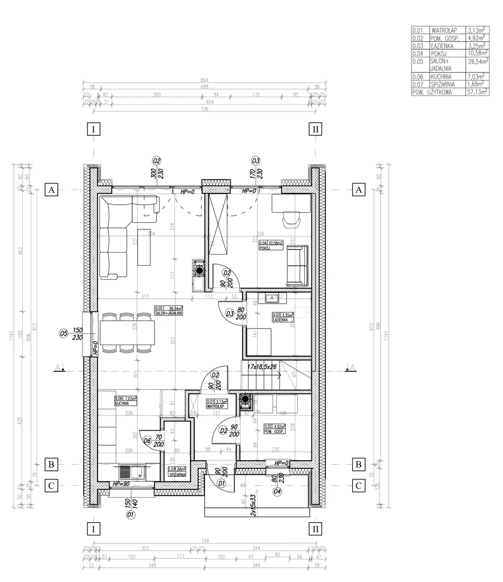 Rzut parteru – Projekt 01, układ pomieszczeń z wymiarami