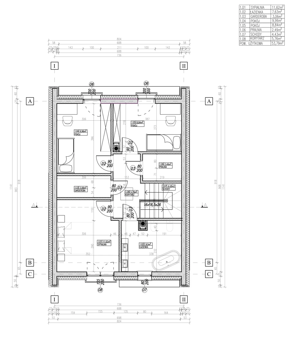 Rzut piętra – Projekt 01, układ pomieszczeń z wymiarami