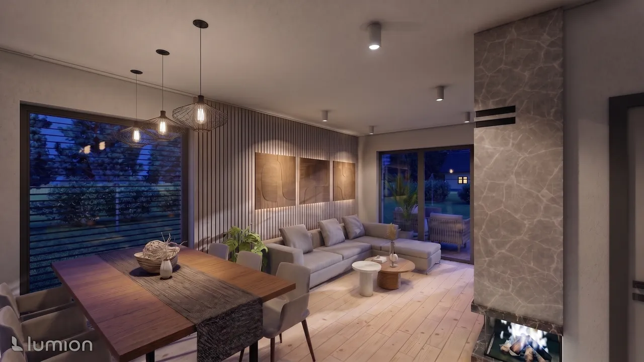 Projekt 01 – wnętrze: Salon z jadalnią wieczorem