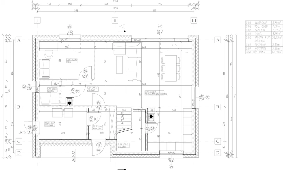 Rzut parteru – Projekt 02, układ pomieszczeń z wymiarami